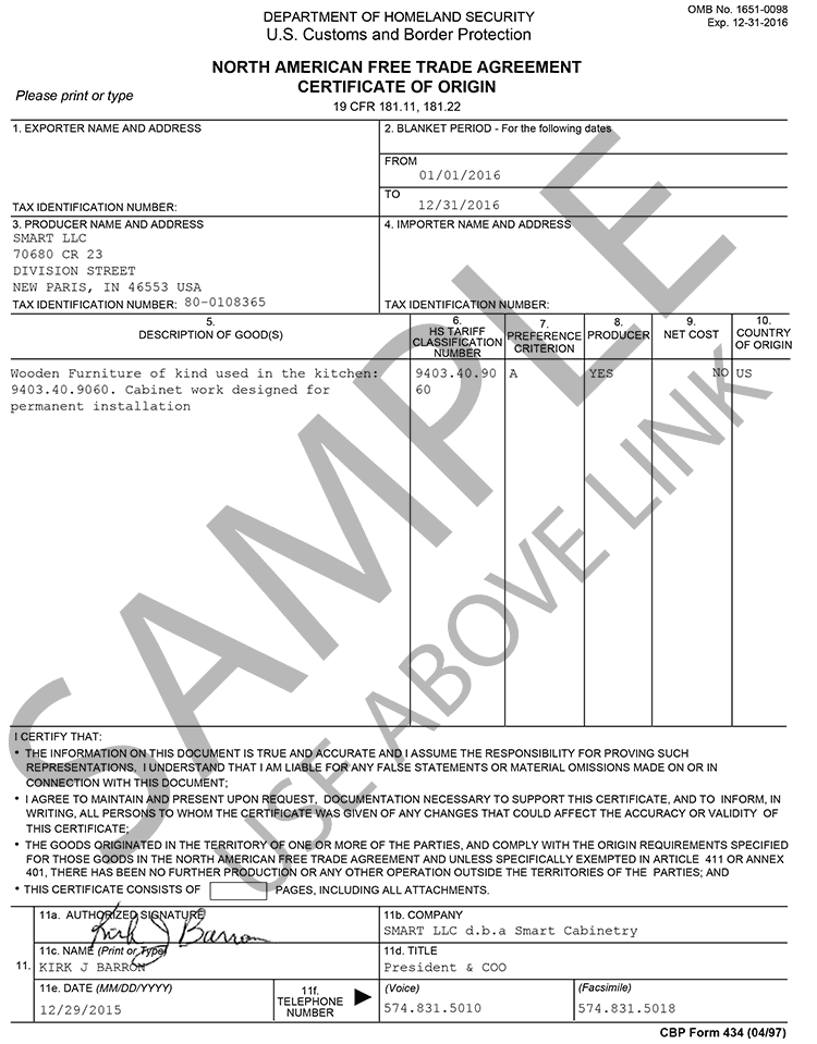 SMART NAFTA Certificate